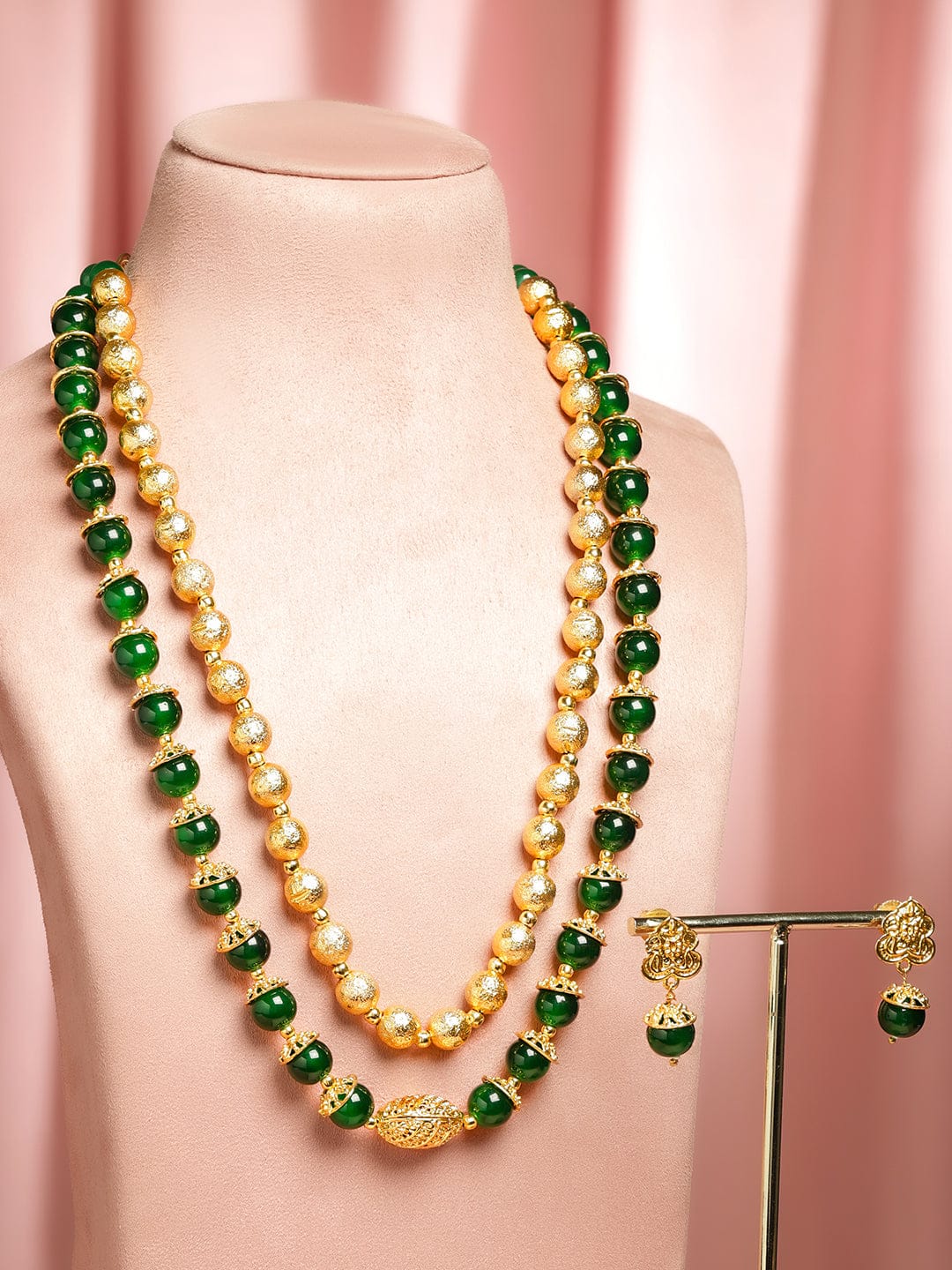 Rubans 22K Gold-Plated Brass Deep Green & Gold Beaded Double-Layer Handcrafted Necklace Set with Matching Earrings Jewellery Set