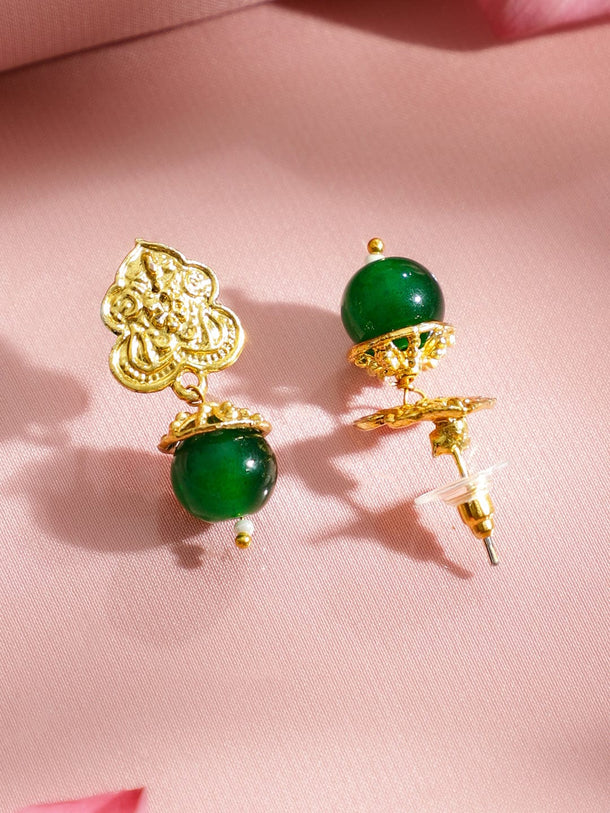 Rubans 22K Gold-Plated Brass Deep Green & Gold Beaded Double-Layer Handcrafted Necklace Set with Matching Earrings Jewellery Set