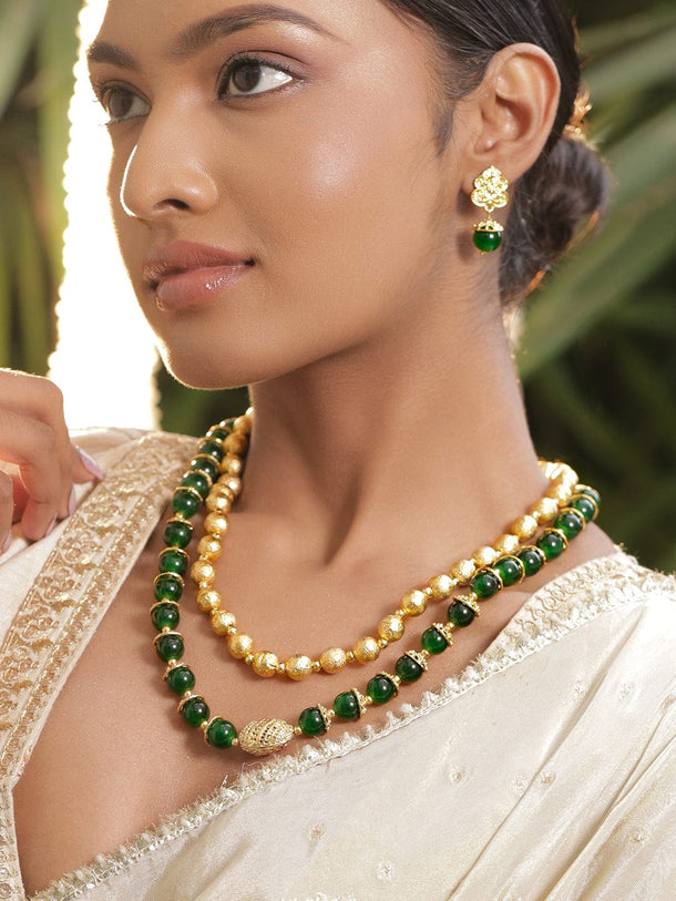 Rubans 22K Gold-Plated Brass Deep Green & Gold Beaded Double-Layer Handcrafted Necklace Set with Matching Earrings Necklaces, Necklace Sets