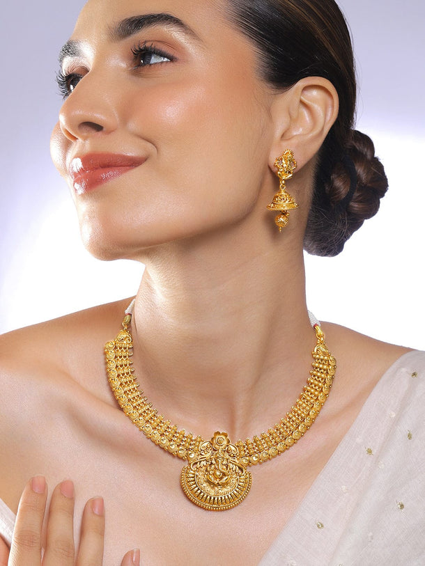 Rubans 22K Gold-Plated Brass Ganesh Motif Traditional Temple Jewellery Necklace Set Jewellery Set