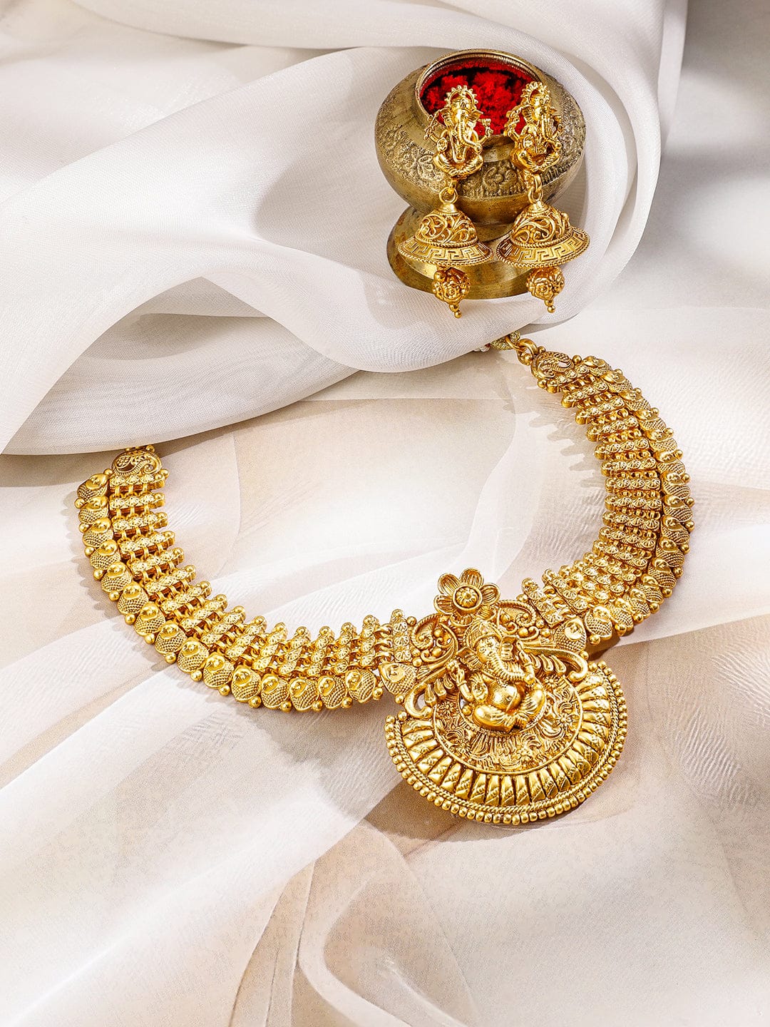 Rubans 22K Gold-Plated Brass Ganesh Motif Traditional Temple Jewellery Necklace Set Jewellery Set