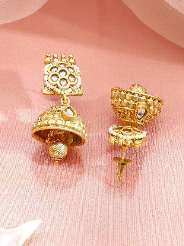 Rubans 22K Gold-Plated Brass Handcrafted White Kundan Jewellery Set with Jhumkas Jewellery Set