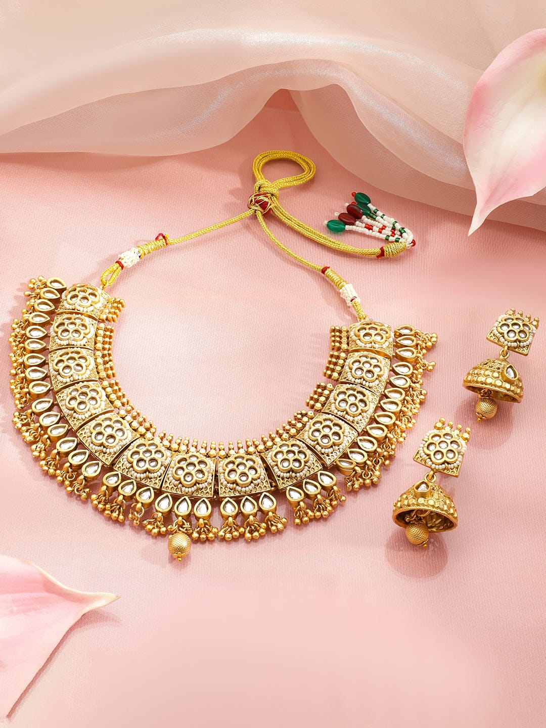 Rubans 22K Gold-Plated Brass Handcrafted White Kundan Jewellery Set with Jhumkas Jewellery Set
