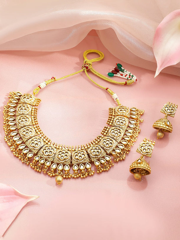 Rubans 22K Gold-Plated Brass Handcrafted White Kundan Jewellery Set with Jhumkas Jewellery Set