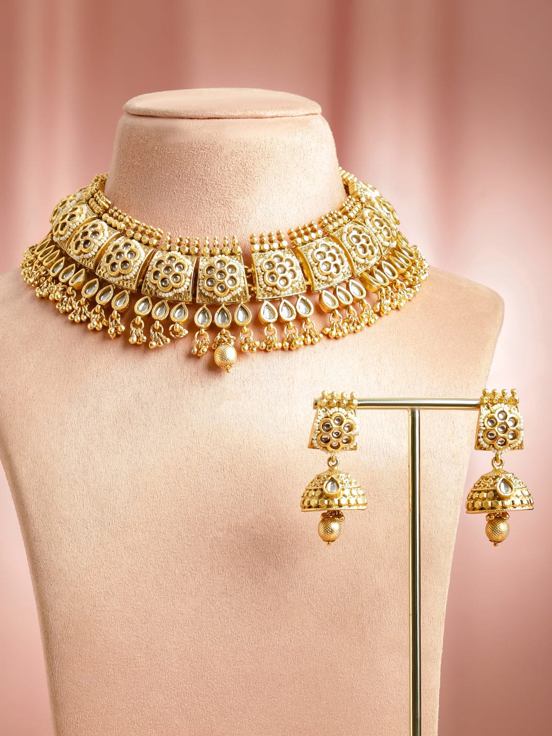 Rubans 22K Gold-Plated Brass Handcrafted White Kundan Jewellery Set with Jhumkas Jewellery Set