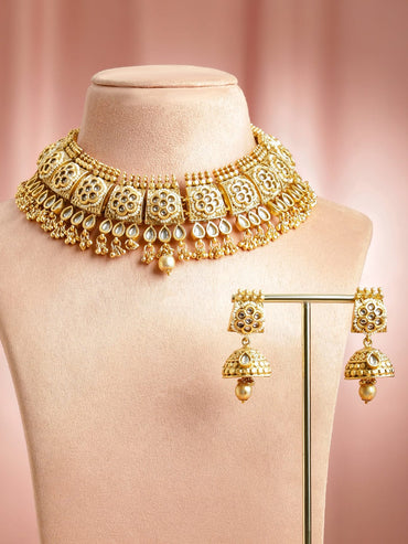 Rubans 22K Gold-Plated Brass Handcrafted White Kundan Jewellery Set with Jhumkas Jewellery Set