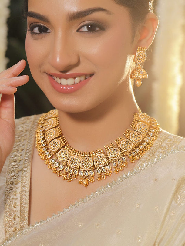 Rubans 22K Gold-Plated Brass Handcrafted White Kundan Jewellery Set with Jhumkas Jewellery Set