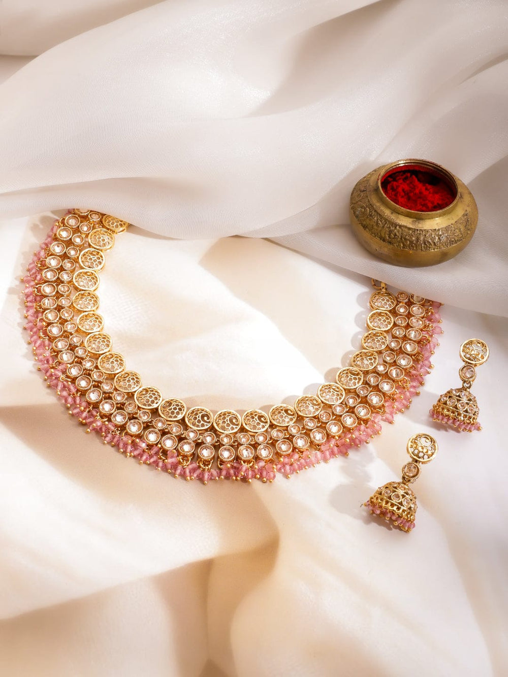 Rubans 22K Gold-Plated Brass Kundan Stone Necklace with Pastel Pink Beads & Jhumka Earring Jewellery Set