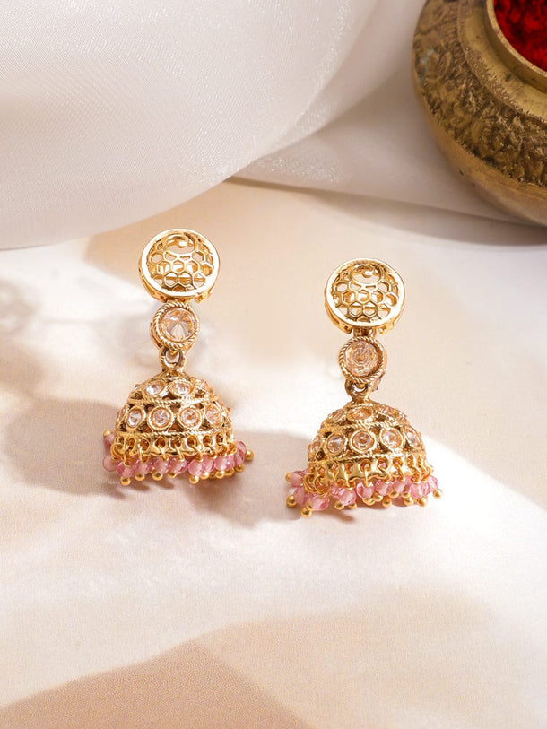 Rubans 22K Gold-Plated Brass Kundan Stone Necklace with Pastel Pink Beads & Jhumka Earring Jewellery Set