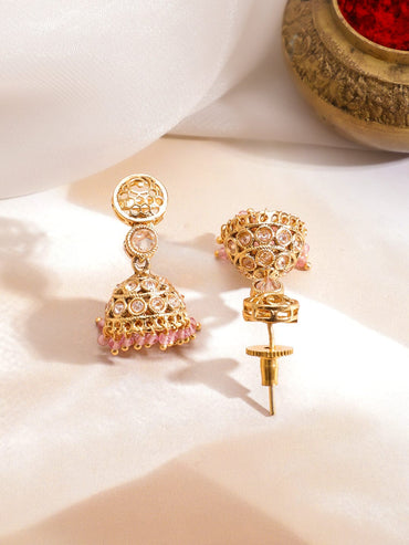 Rubans 22K Gold-Plated Brass Kundan Stone Necklace with Pastel Pink Beads & Jhumka Earring Jewellery Set