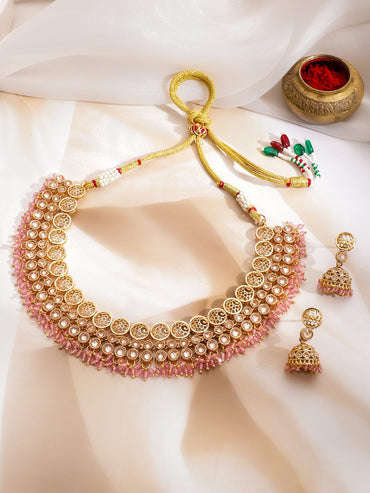 Rubans 22K Gold-Plated Brass Kundan Stone Necklace with Pastel Pink Beads & Jhumka Earring Jewellery Set