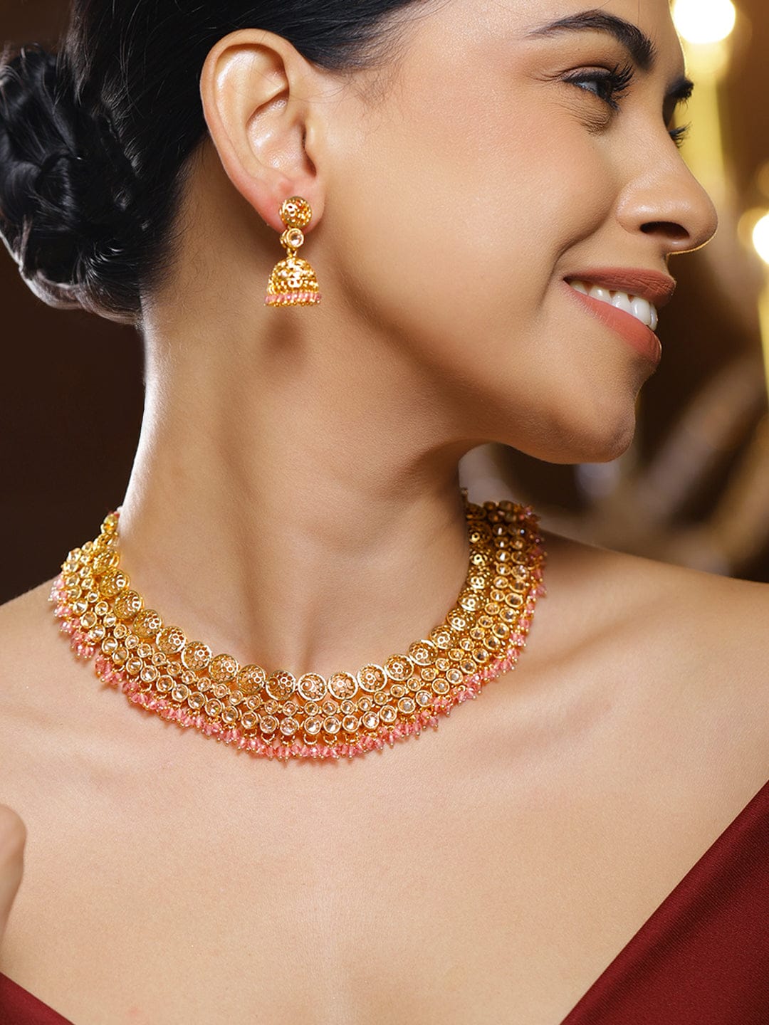 Rubans 22K Gold-Plated Brass Kundan Stone Necklace with Pastel Pink Beads & Jhumka Earring Jewellery Set