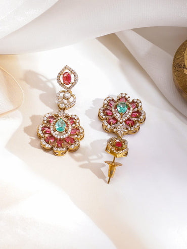 Rubans 22K Gold-Plated Brass Pastel Green & Ruby Pink Cubic Zirconia Bridal Necklace Set Jewellery Set