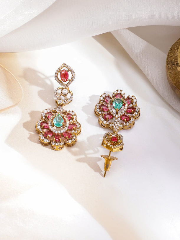 Rubans 22K Gold-Plated Brass Pastel Green & Ruby Pink Cubic Zirconia Bridal Necklace Set Jewellery Set