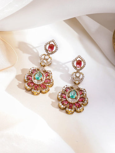 Rubans 22K Gold-Plated Brass Pastel Green & Ruby Pink Cubic Zirconia Bridal Necklace Set Jewellery Set