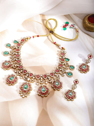 Rubans 22K Gold-Plated Brass Pastel Green & Ruby Pink Cubic Zirconia Bridal Necklace Set Jewellery Set
