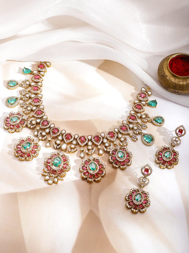 Rubans 22K Gold-Plated Brass Pastel Green & Ruby Pink Cubic Zirconia Bridal Necklace Set Jewellery Set