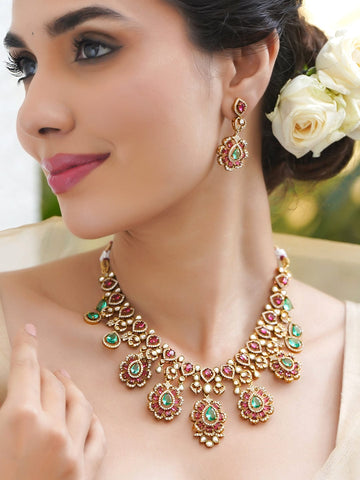 Rubans 22K Gold-Plated Brass Pastel Green & Ruby Pink Cubic Zirconia Bridal Necklace Set Jewellery Set