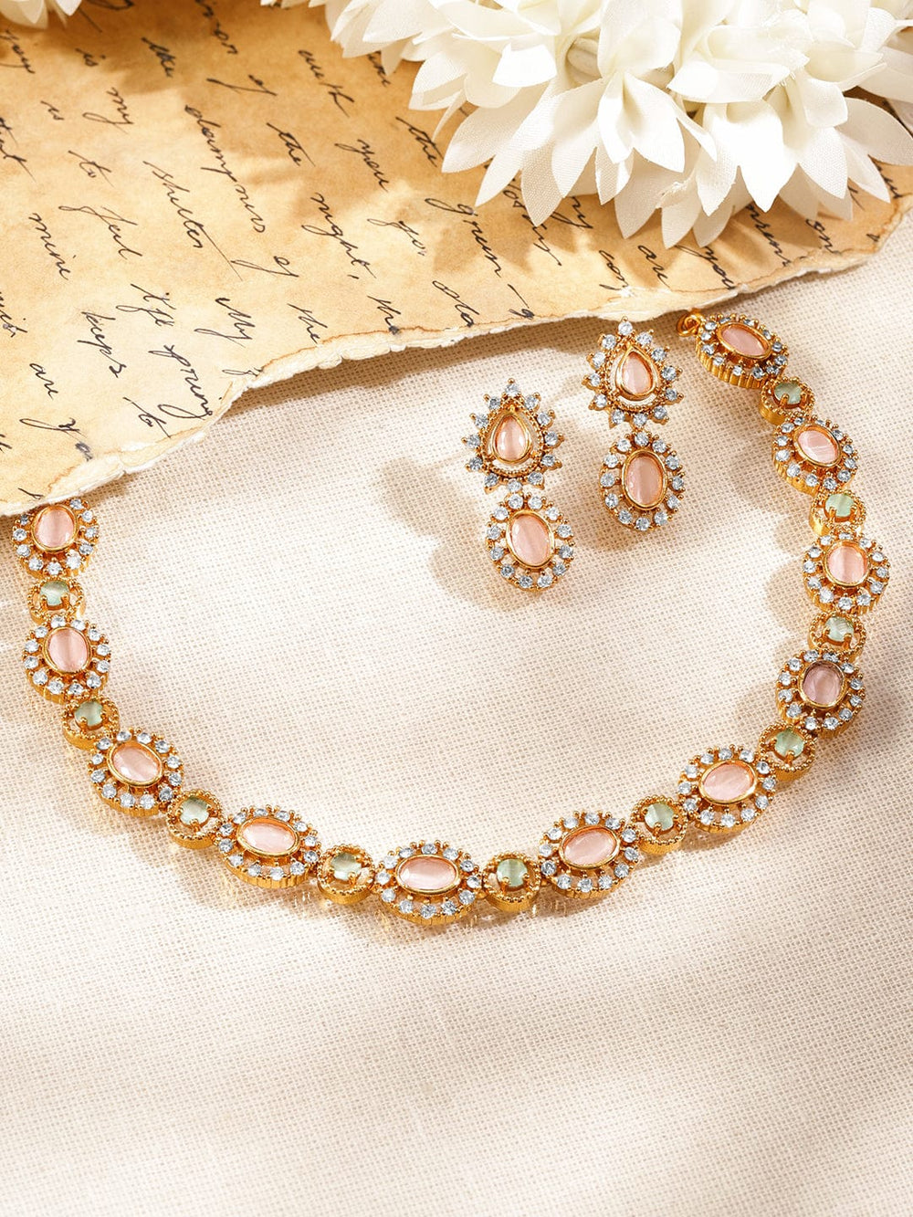 Rubans 22K Gold-Plated Brass Peach Pink Stone Necklace Set with White Cubic Zirconia Embellished Jewellery Set