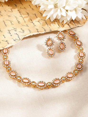 Rubans 22K Gold-Plated Brass Peach Pink Stone Necklace Set with White Cubic Zirconia Embellished Jewellery Set