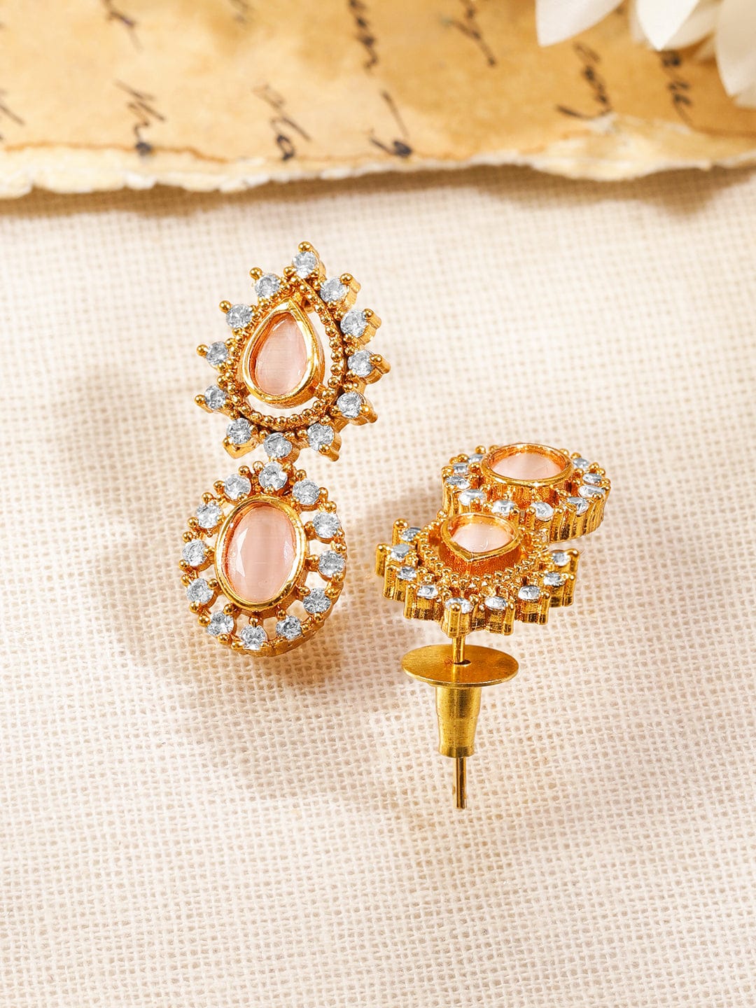 Rubans 22K Gold-Plated Brass Peach Pink Stone Necklace Set with White Cubic Zirconia Embellished Jewellery Set