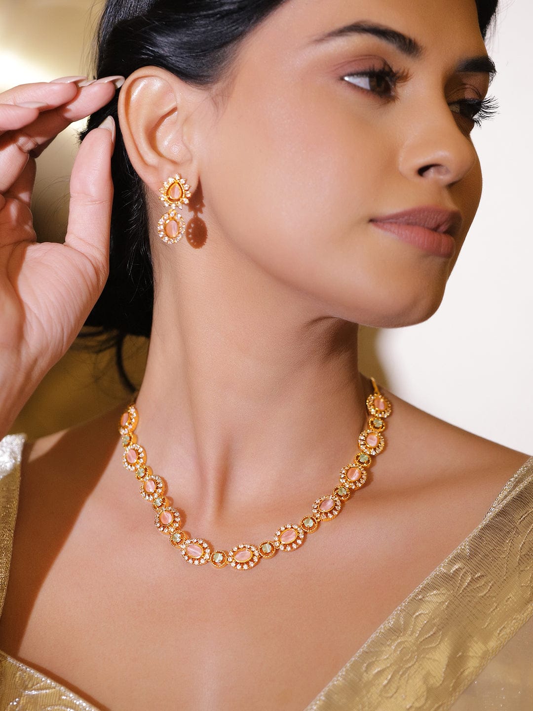 Rubans 22K Gold-Plated Brass Peach Pink Stone Necklace Set with White Cubic Zirconia Embellished Jewellery Set