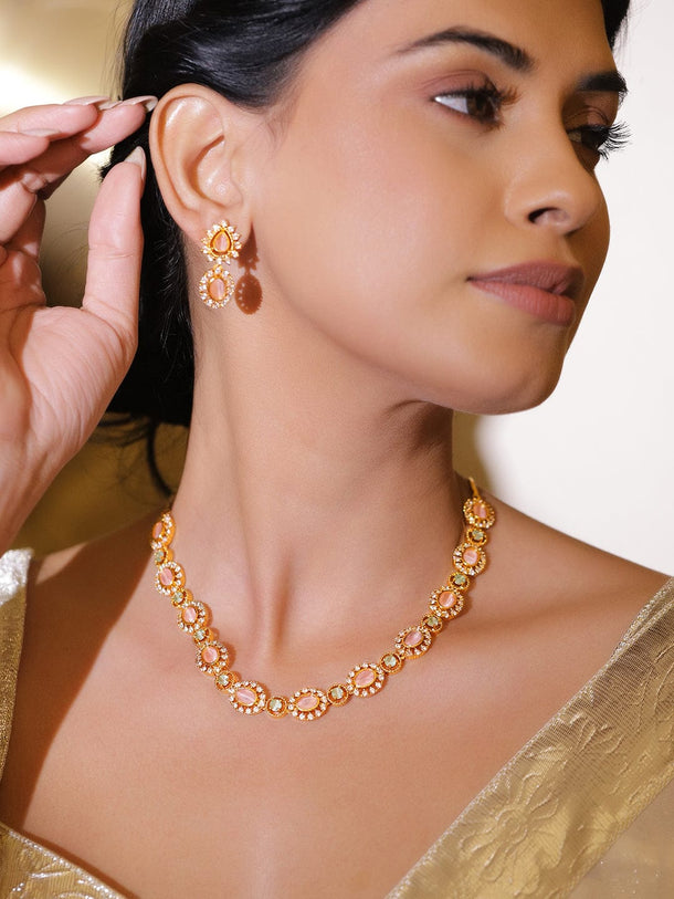 Rubans 22K Gold-Plated Brass Peach Pink Stone Necklace Set with White Cubic Zirconia Embellished Jewellery Set