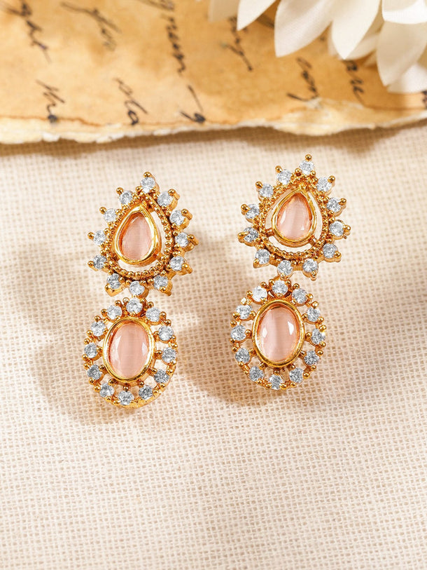 Rubans 22K Gold-Plated Brass Peach Pink Stone Necklace Set with White Cubic Zirconia Embellished Jewellery Set