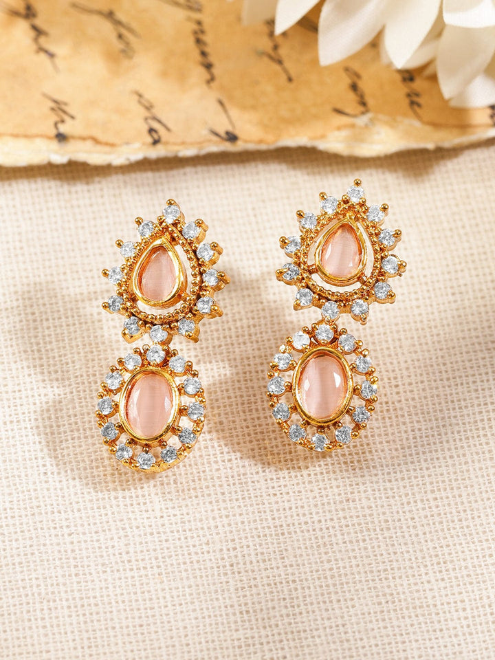 Rubans 22K Gold-Plated Brass Peach Pink Stone Necklace Set with White Cubic Zirconia Embellished Jewellery Set