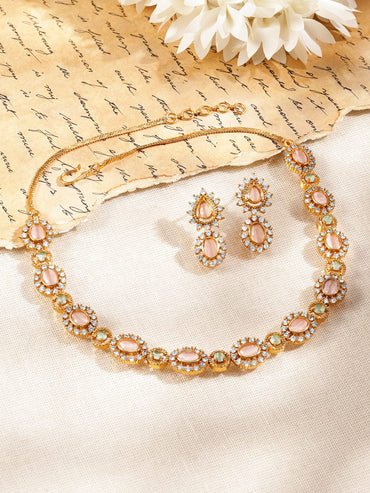 Rubans 22K Gold-Plated Brass Peach Pink Stone Necklace Set with White Cubic Zirconia Embellished Jewellery Set