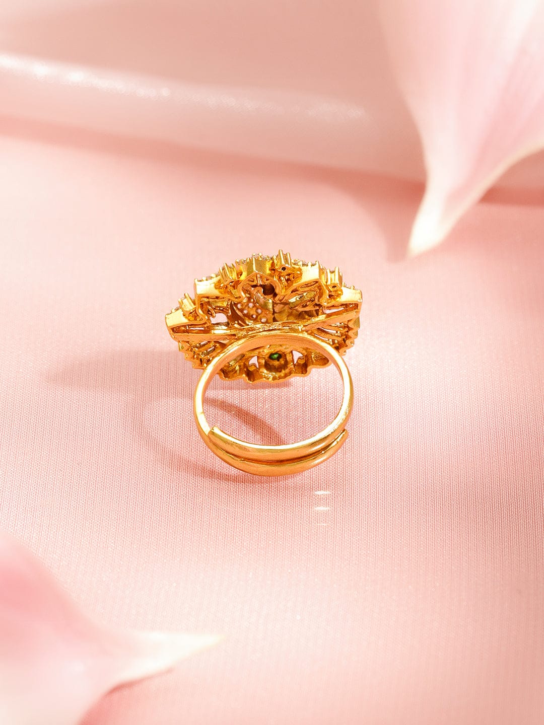 Rubans 22K Gold-Plated Brass Peacock Motif Crystal Zirconia & Green Stone Adjustable Ring Rings