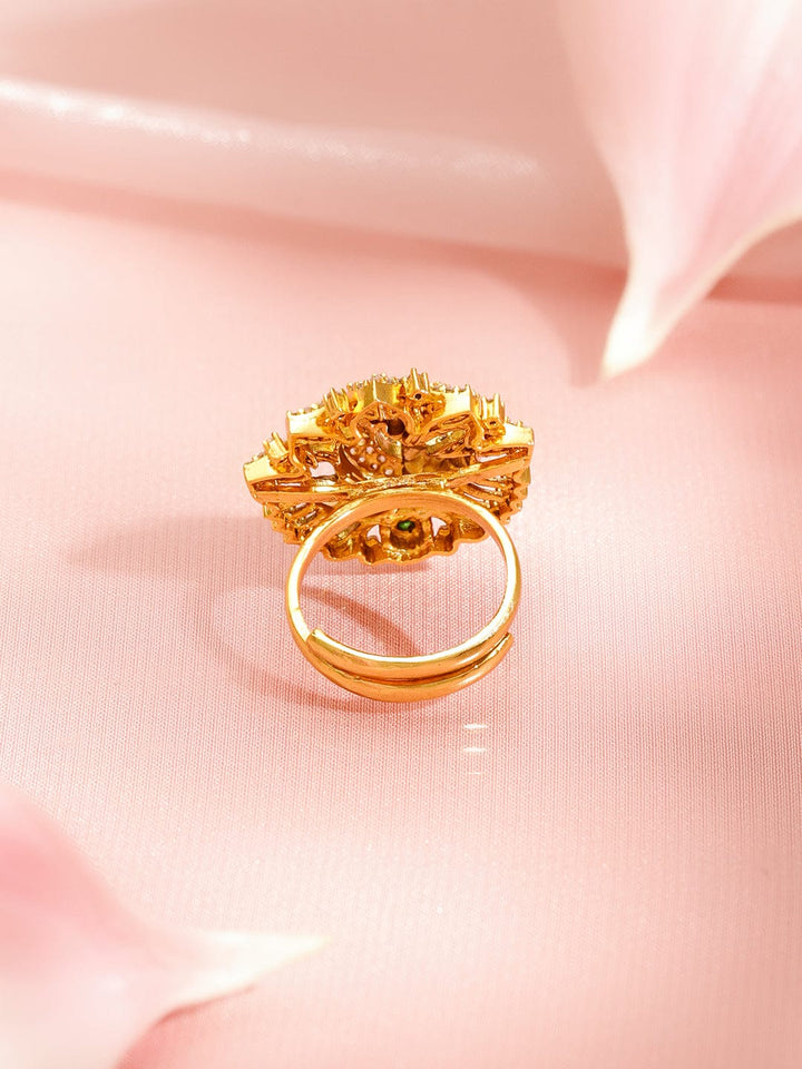 Rubans 22K Gold-Plated Brass Peacock Motif Crystal Zirconia & Green Stone Adjustable Ring Rings