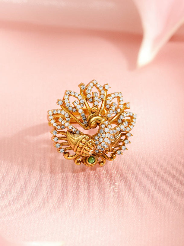Rubans 22K Gold-Plated Brass Peacock Motif Crystal Zirconia & Green Stone Adjustable Ring Rings