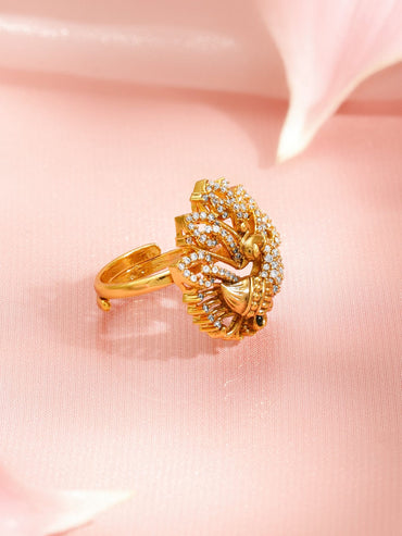 Rubans 22K Gold-Plated Brass Peacock Motif Crystal Zirconia & Green Stone Adjustable Ring Rings