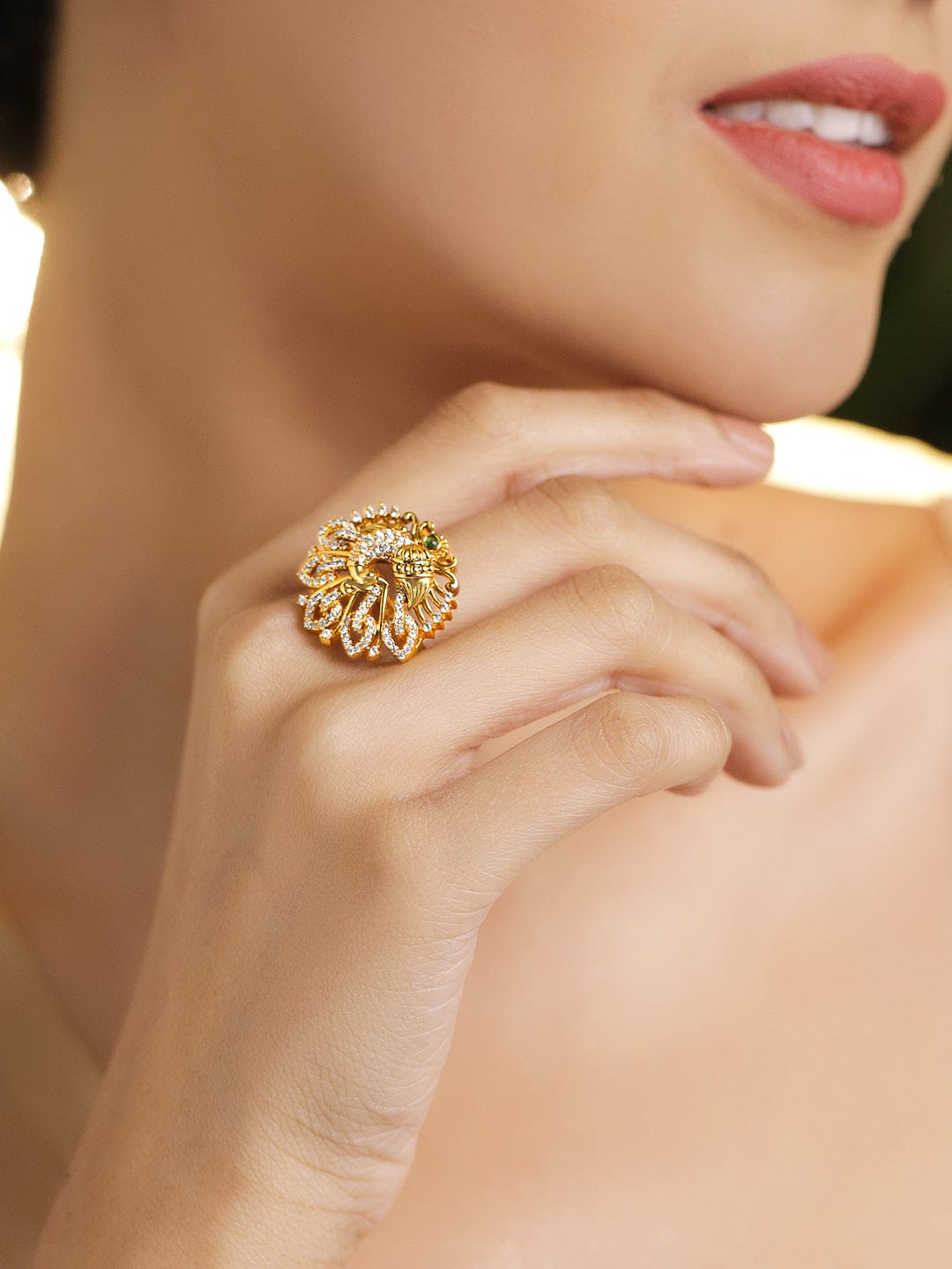Rubans 22K Gold-Plated Brass Peacock Motif Crystal Zirconia & Green Stone Adjustable Ring Rings