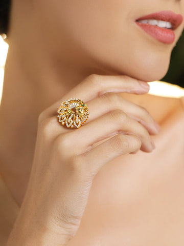 Rubans 22K Gold-Plated Brass Peacock Motif Crystal Zirconia & Green Stone Adjustable Ring Rings