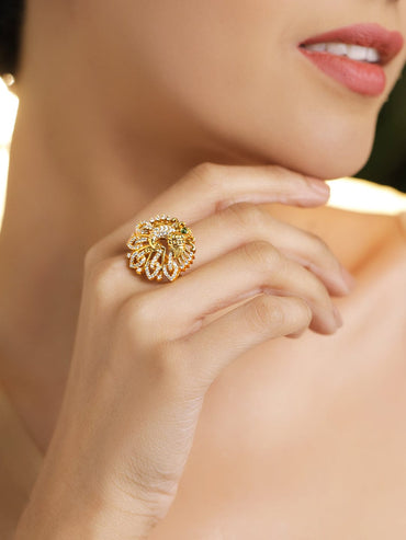 Rubans 22K Gold-Plated Brass Peacock Motif Crystal Zirconia & Green Stone Adjustable Ring Rings