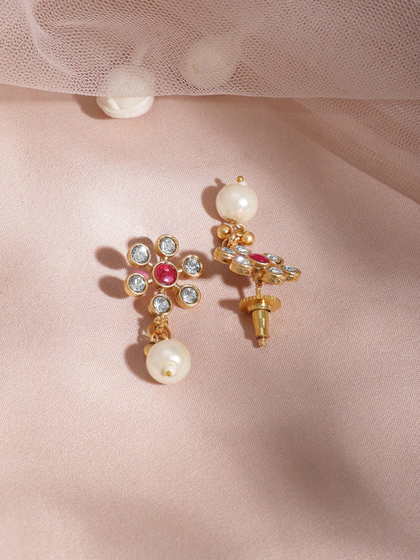 Rubans 22K Gold Plated Brass Ruby Pink and Green Stone Studded Pearls Hanging Jewellery Set Jewellery Set