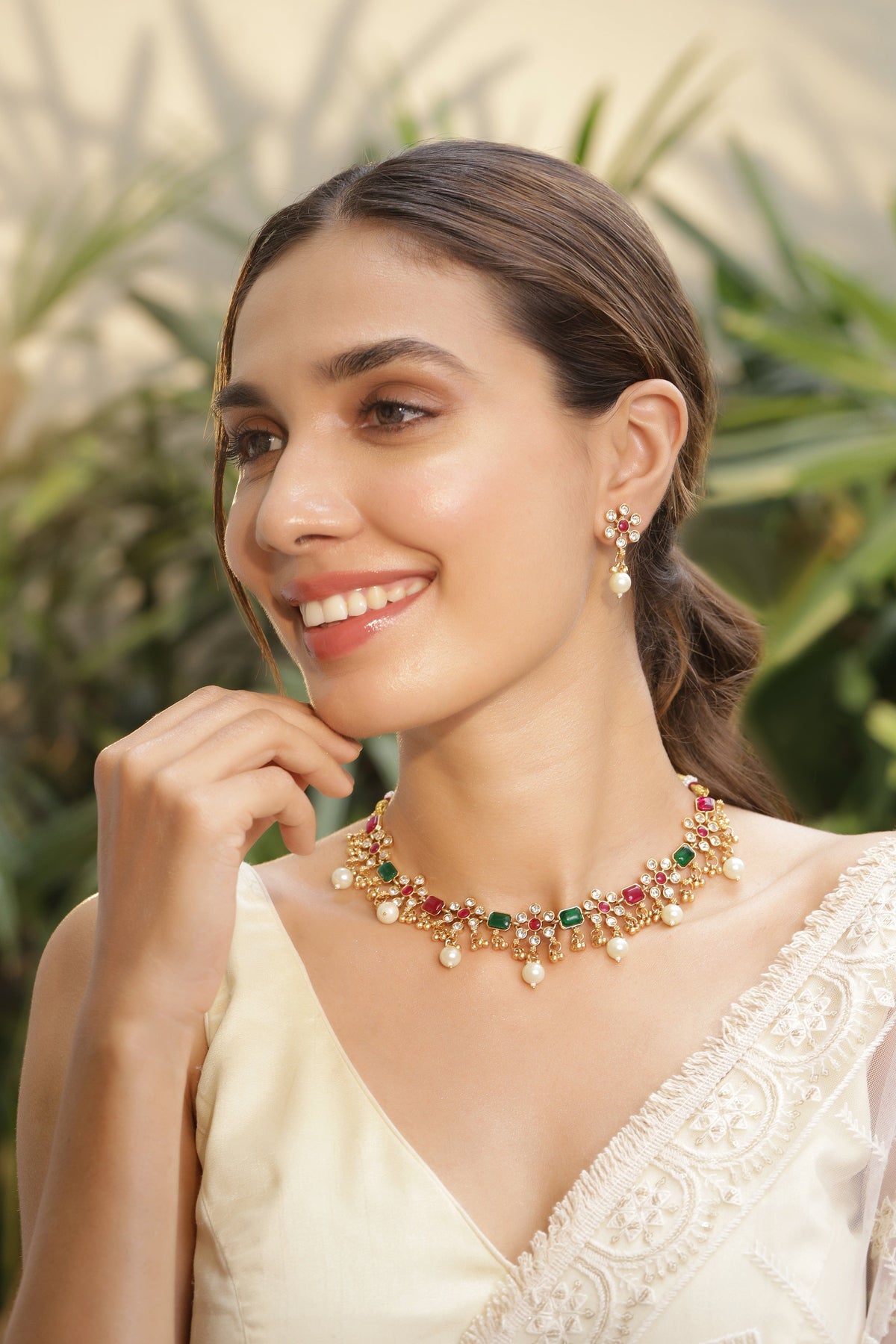 Rubans 22K Gold Plated Brass Ruby Pink and Green Stone Studded Pearls Hanging Jewellery Set Jewellery Set