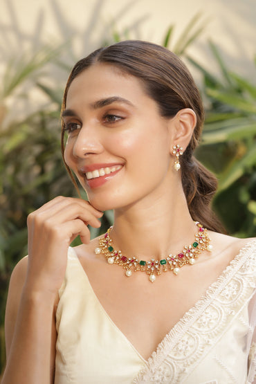 Rubans 22K Gold Plated Brass Ruby Pink and Green Stone Studded Pearls Hanging Jewellery Set Jewellery Set