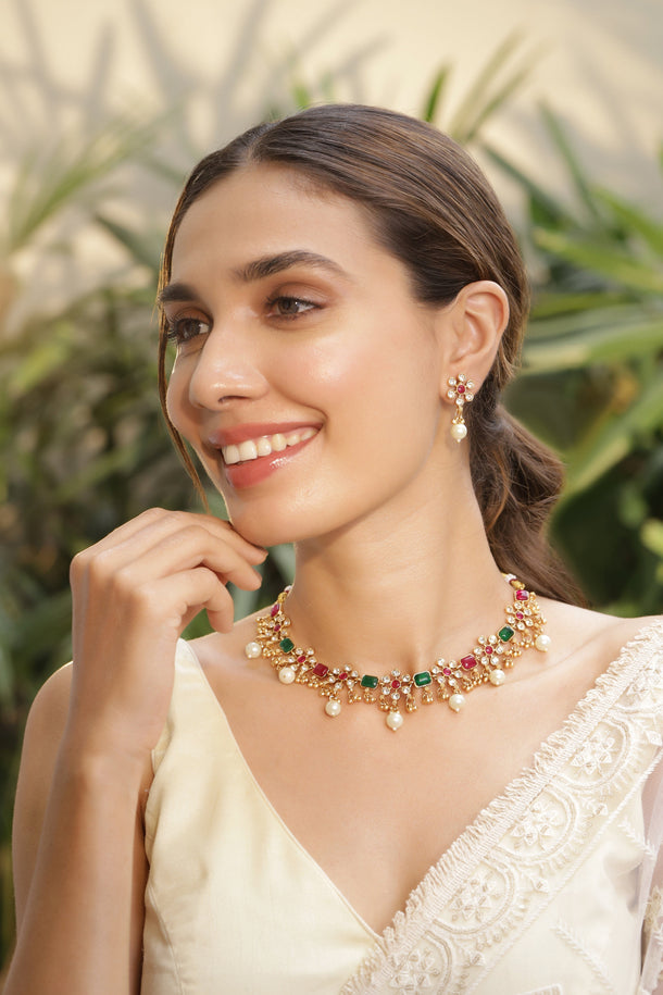 Rubans 22K Gold Plated Brass Ruby Pink and Green Stone Studded Pearls Hanging Jewellery Set Jewellery Set