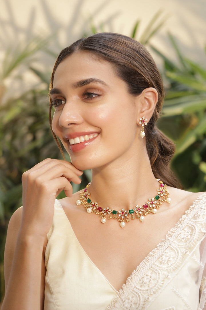 Rubans 22K Gold Plated Brass Ruby Pink and Green Stone Studded Pearls Hanging Jewellery Set Jewellery Set