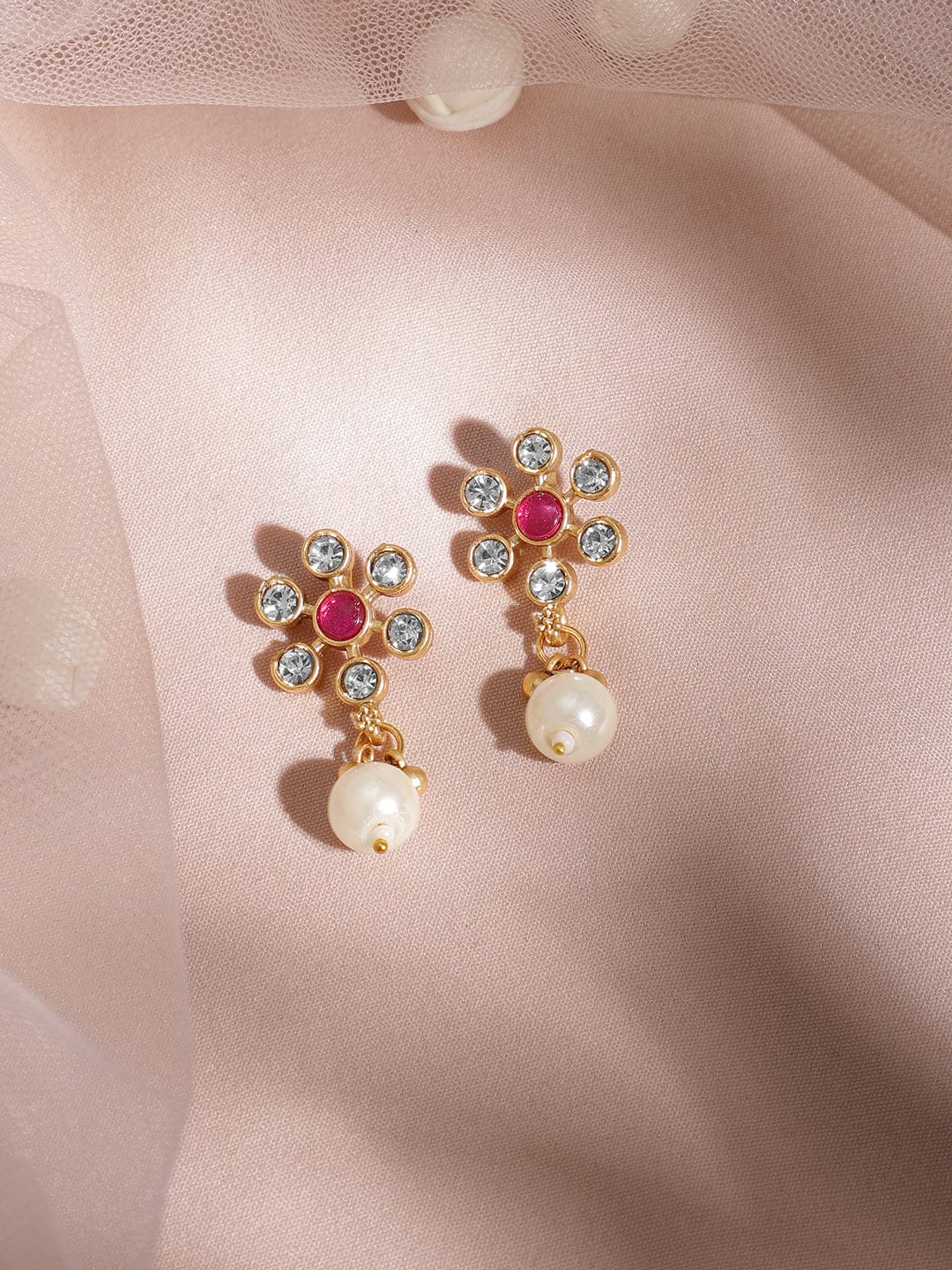 Rubans 22K Gold Plated Brass Ruby Pink and Green Stone Studded Pearls Hanging Jewellery Set Jewellery Set