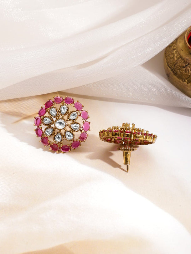 Rubans 22K Gold-Plated Brass Ruby Pink & Pastel Green Beaded Kundan Choker Necklace Set Jewellery Set