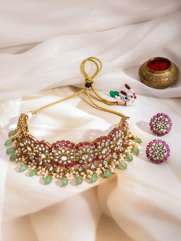 Rubans 22K Gold-Plated Brass Ruby Pink & Pastel Green Beaded Kundan Choker Necklace Set Jewellery Set