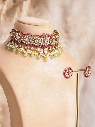 Rubans 22K Gold-Plated Brass Ruby Pink & Pastel Green Beaded Kundan Choker Necklace Set Jewellery Set
