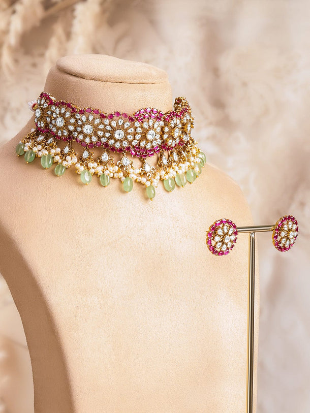 Rubans 22K Gold-Plated Brass Ruby Pink & Pastel Green Beaded Kundan Choker Necklace Set Jewellery Set