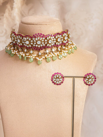Rubans 22K Gold-Plated Brass Ruby Pink & Pastel Green Beaded Kundan Choker Necklace Set Jewellery Set