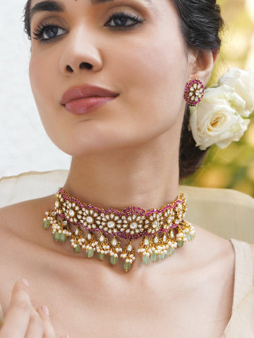 Rubans 22K Gold-Plated Brass Ruby Pink & Pastel Green Beaded Kundan Choker Necklace Set Jewellery Set