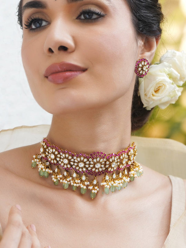 Rubans 22K Gold-Plated Brass Ruby Pink & Pastel Green Beaded Kundan Choker Necklace Set Jewellery Set